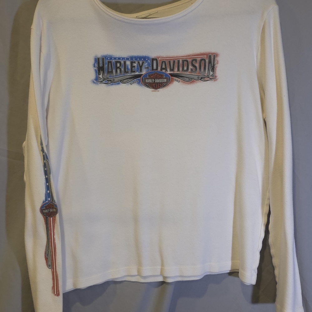 Harley-Davidson Women's White Long Sleeve Tee with Red and Blue Accents